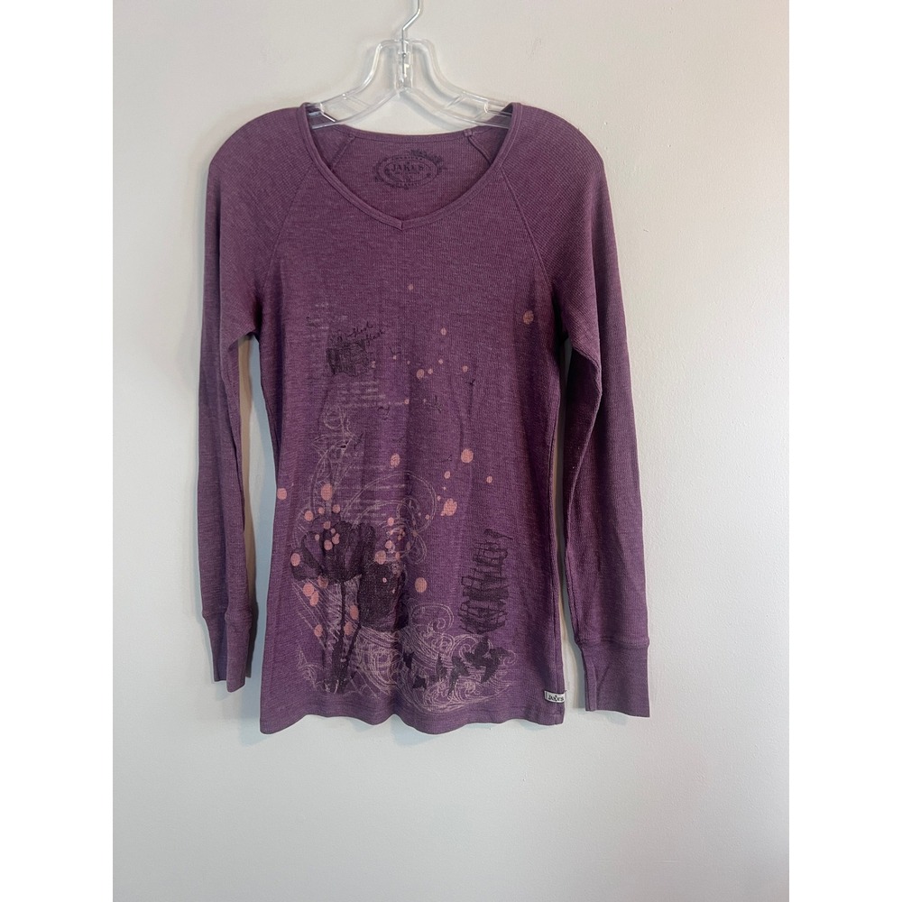 Jakes Purple Waffle Knit Thermal Graphic Floral V-Neck Long Sleeve Top Medium